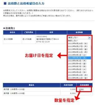 出荷数と出荷希望日の入力